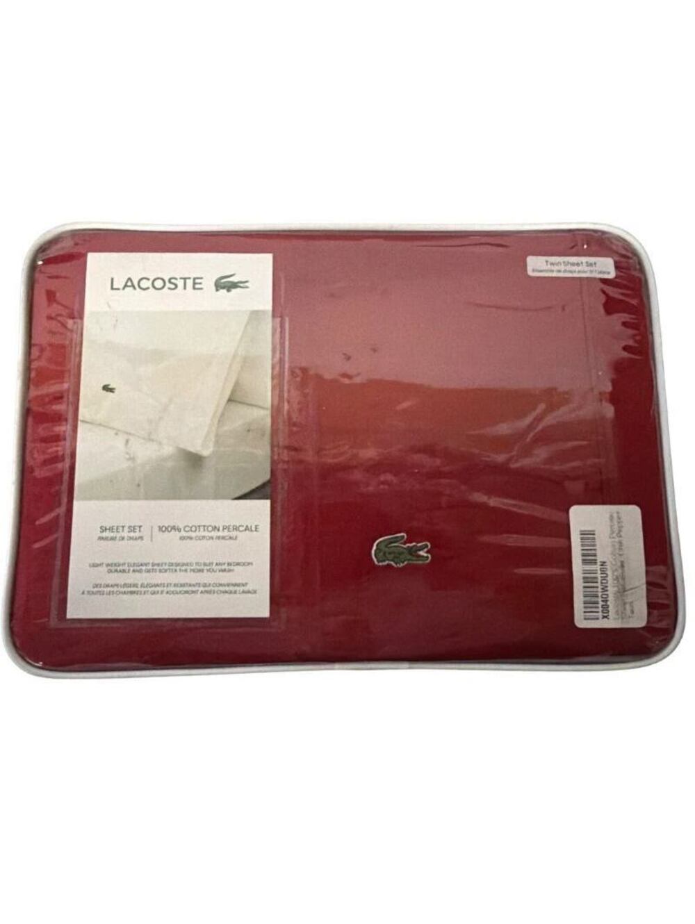 Lacoste Twin Sheet Set Red 100% Cotton Percale Embroidered Croc New